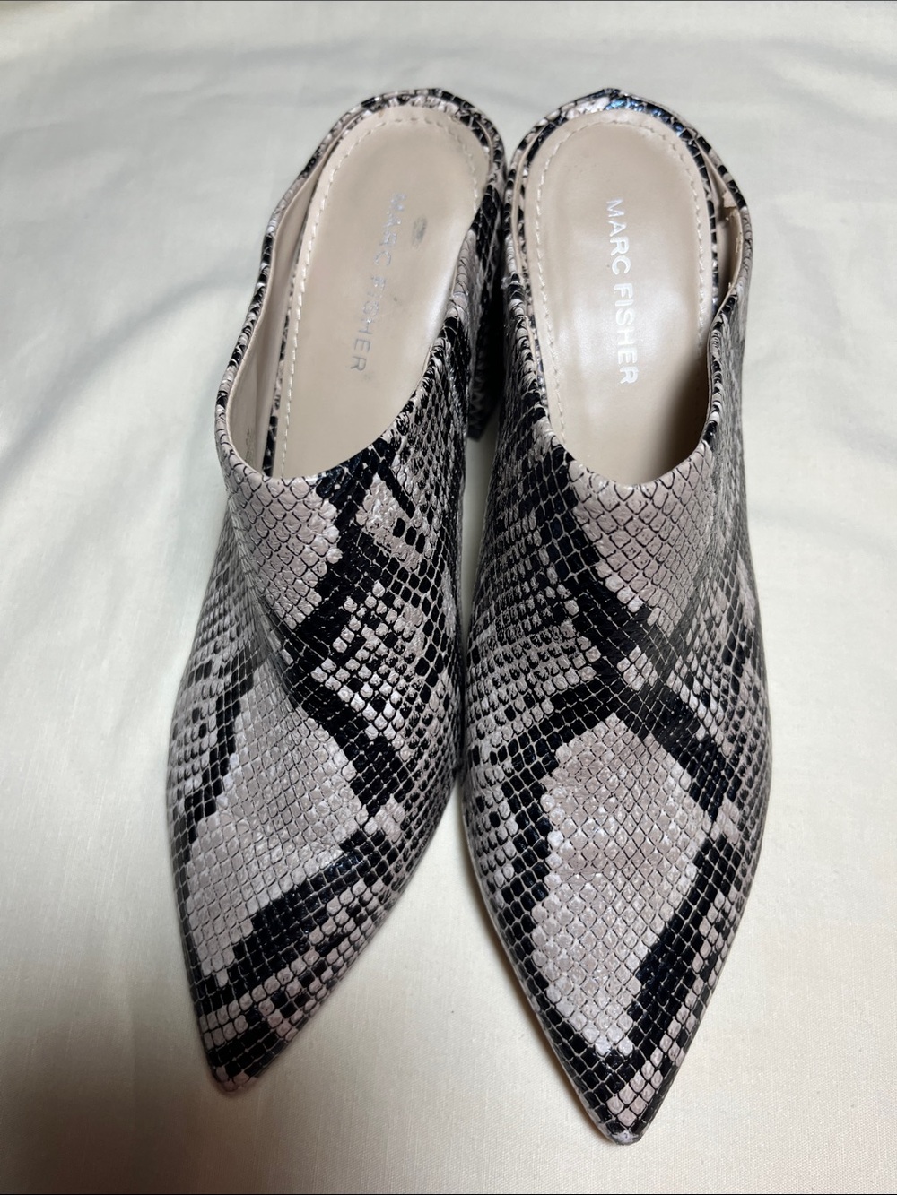 Marc Fisher Pointed Leather Snake-Print Slip-On Mules in Taupe and Black